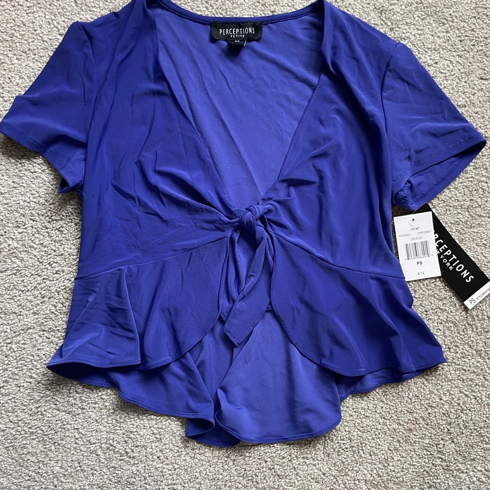 Perceptions Purple Tie-Front Ruffle Short Sleeve Blouse